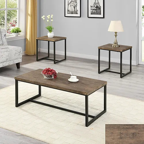 3Pc Coffee Table Set With Wooden top and Black Base