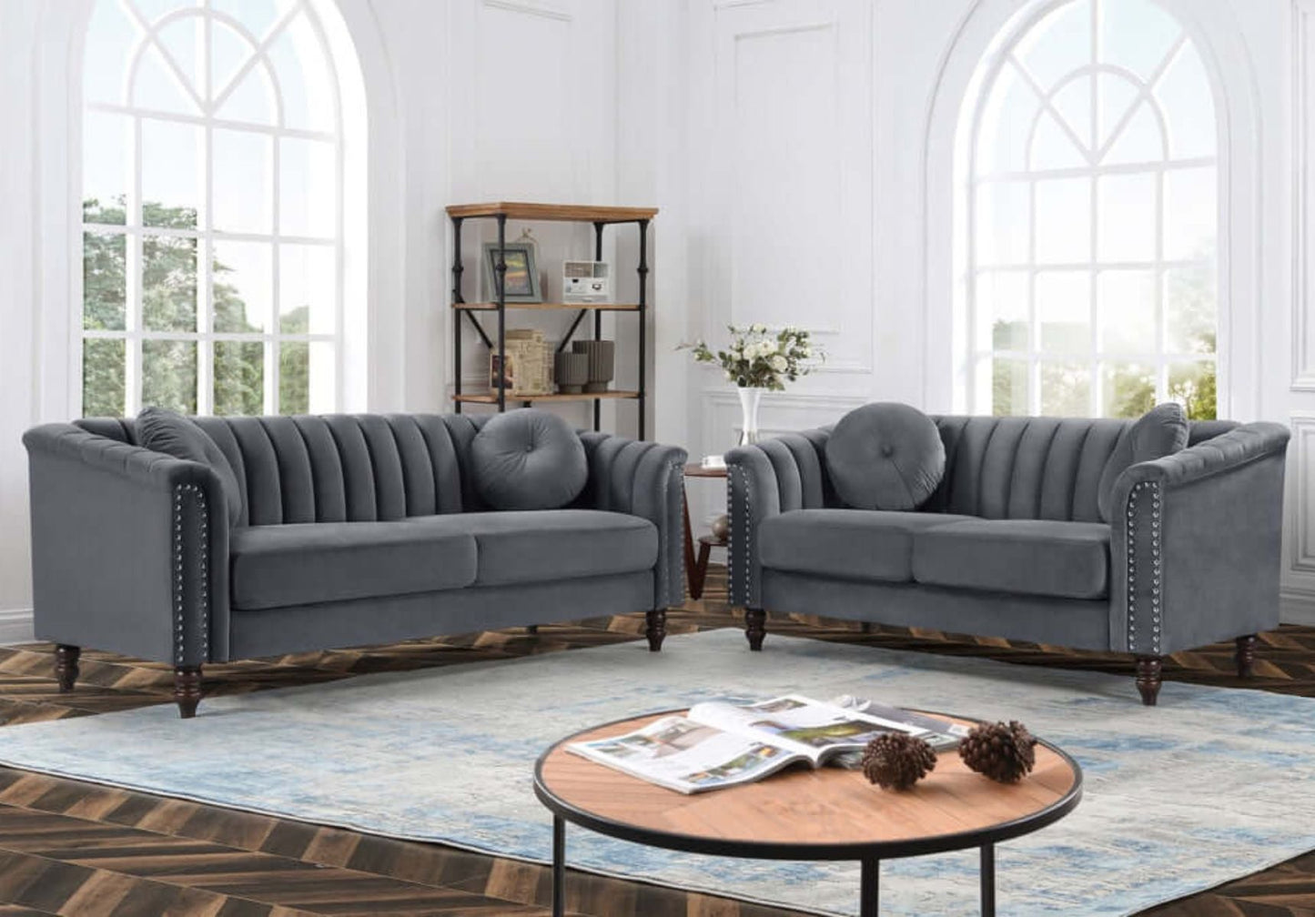 3PC - Gray Velvet Sofa Set (8088)