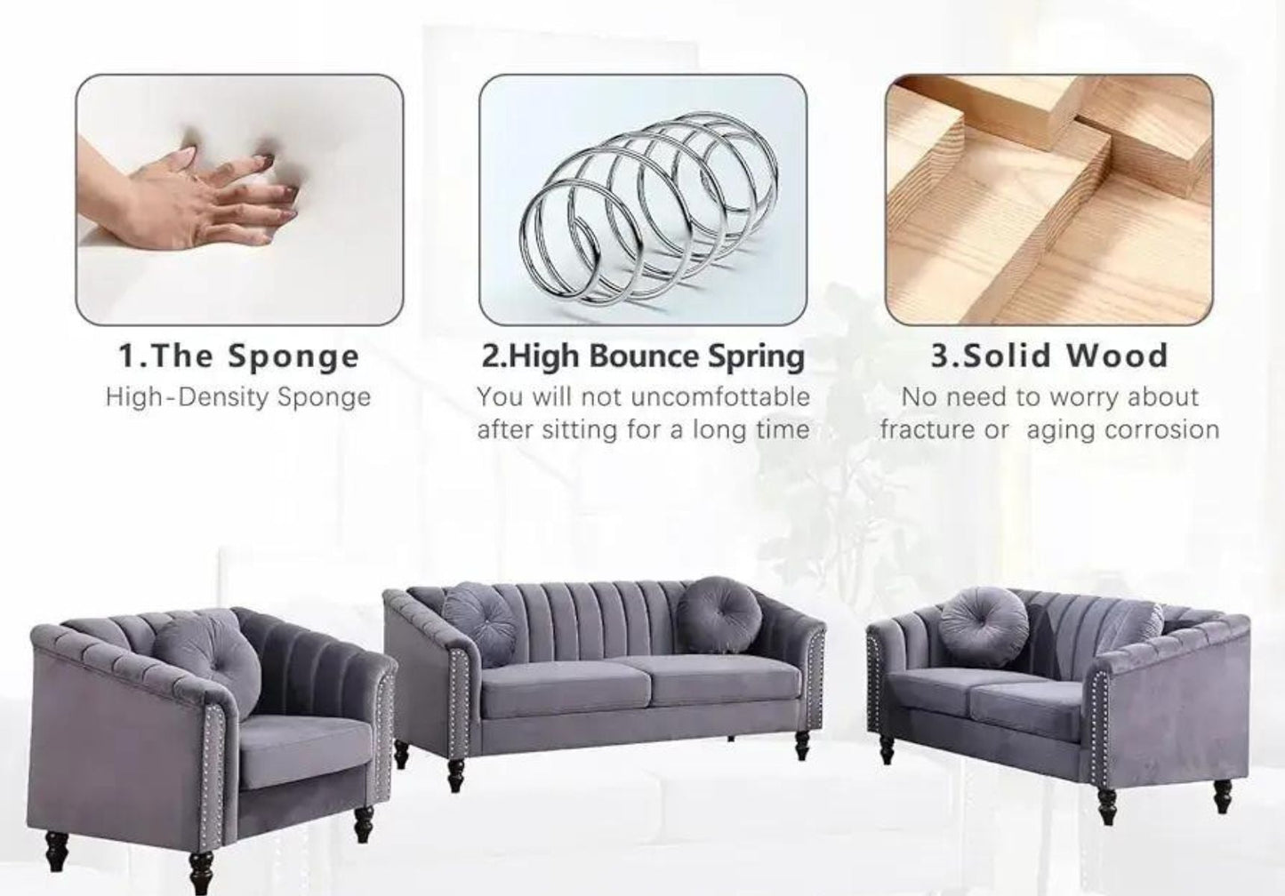 3PC - Gray Velvet Sofa Set (8088)