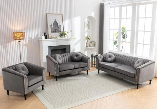 3PC - Gray Velvet Sofa Set (8088)