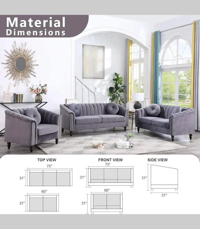 3PC - Gray Velvet Sofa Set (8088)