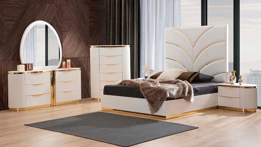 Laura White & Gold Lacquer - Bedroom Set - Furniture Empire