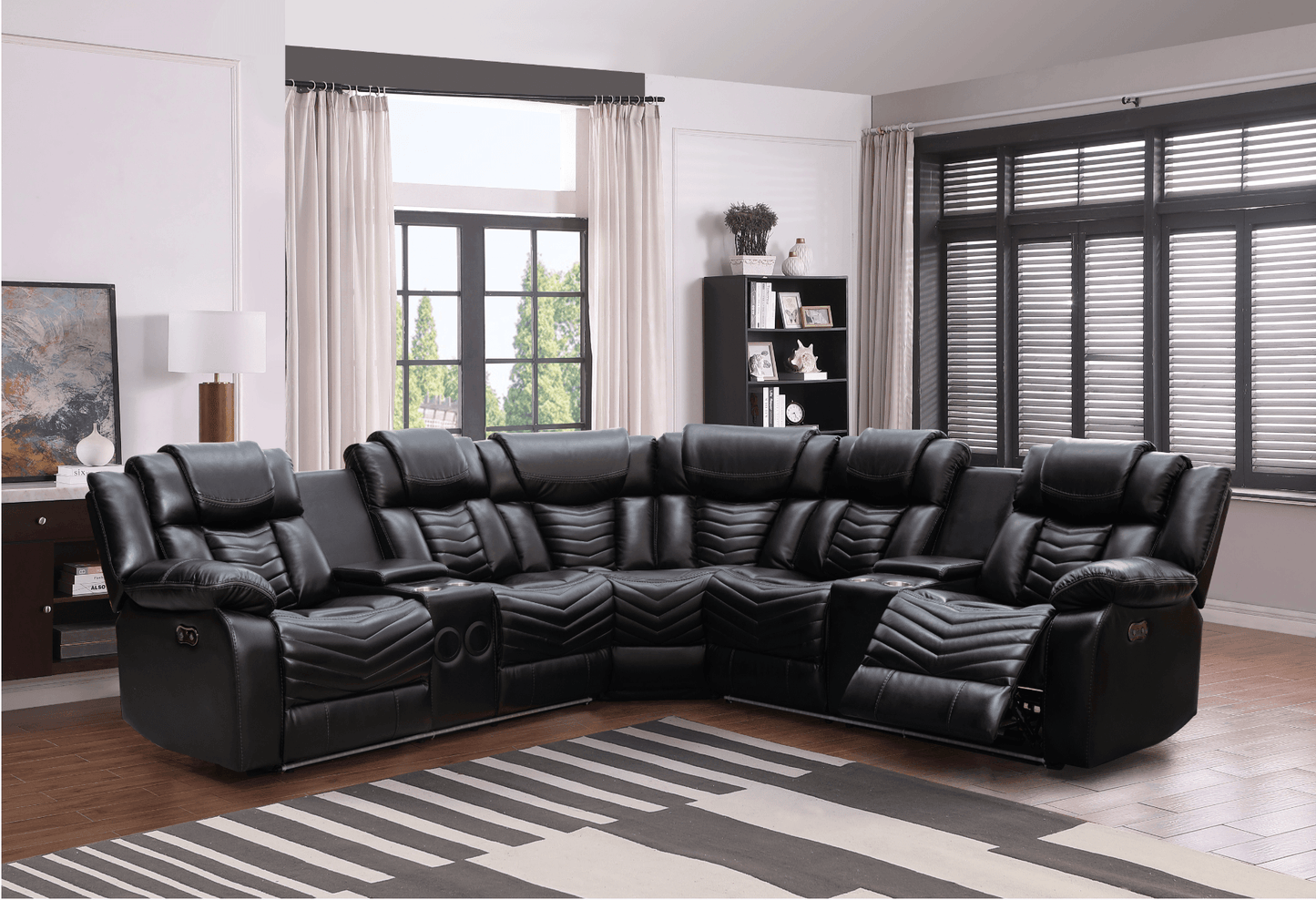 Rick Sectional Recliner Music Sofa - Black Air Leather - Furniture Empire