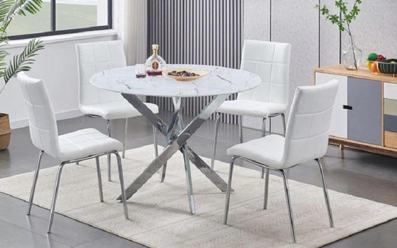 5 Pcs Glass Top Marble Look dining Set - T-1445 C-1760 - Furniture Empire